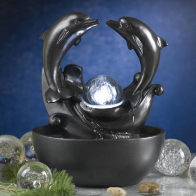 Fontaine 2 Dauphins avec Globe en Cristal avec Éclairage LED