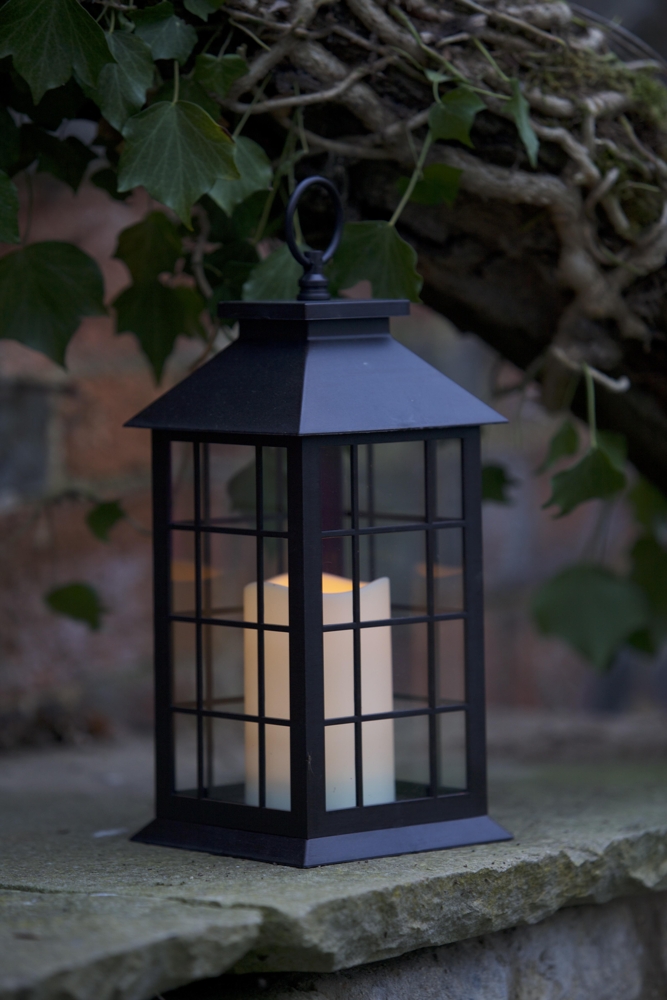 Lanterne LED à piles effet flamme vacillante - Noire
