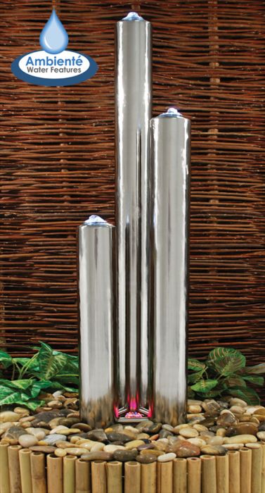 Fontaine d'Extérieure 3 Tubes Polis En Acier Inoxydable (153cm/137cm) – Avec Lumières LED (Tubes & Base)