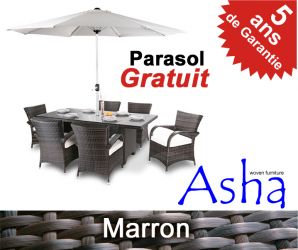 Salon de Jardin 6 Places Résine Tressée Hexham avec Parasol (Marron) - Asha™