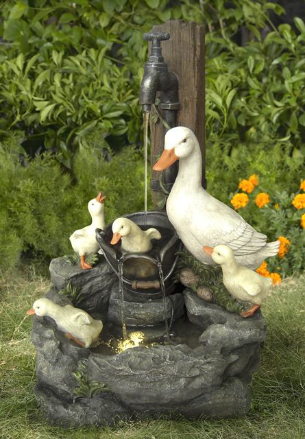 Fontaine Famille de Canards Jouant au Robinet d'Eau en Polyrésine avec LED