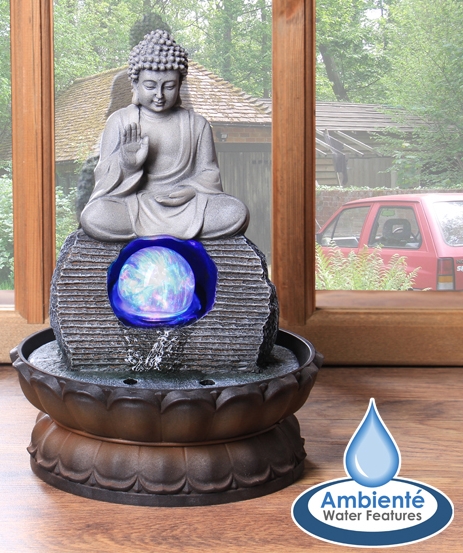 Fontaine Bouddha, Boule de Cristal Rotative et Eclairage Led- L20,5cm x H30cm