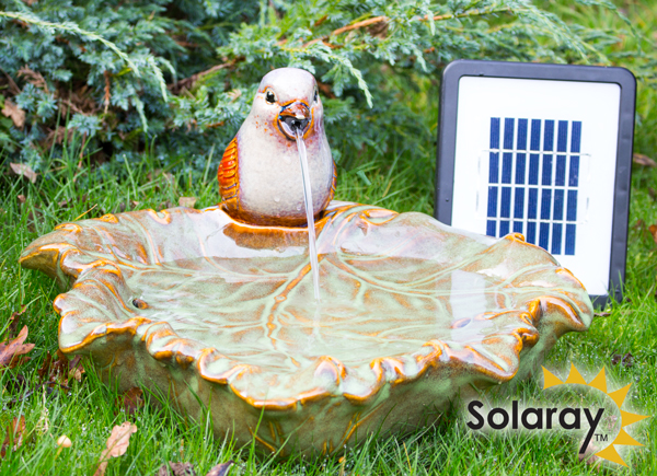 Fontaine Solaire Moineau sur une Feuille en Céramique - 40cm par  Solaray™
