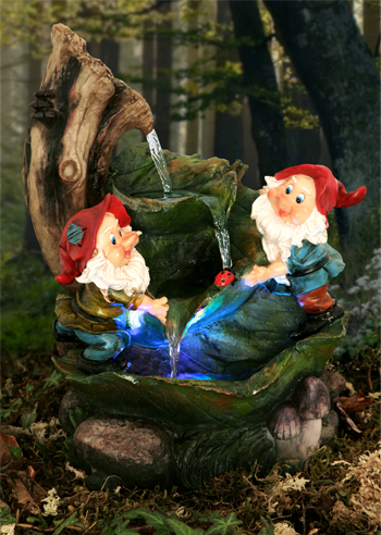 Fontaine d'Extérieur Deux Gnomes sur Feuille - Lumière